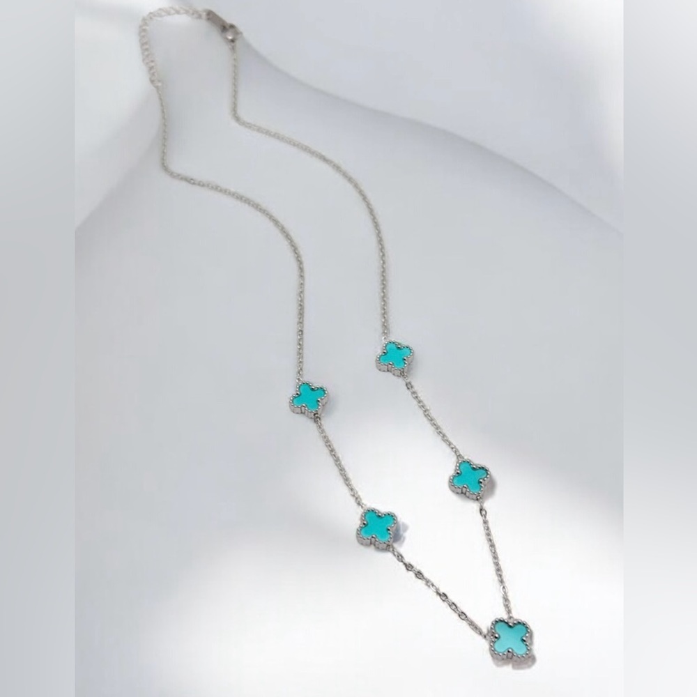 Petite Blue Silver Color 5 Clover Necklace Double Sided
